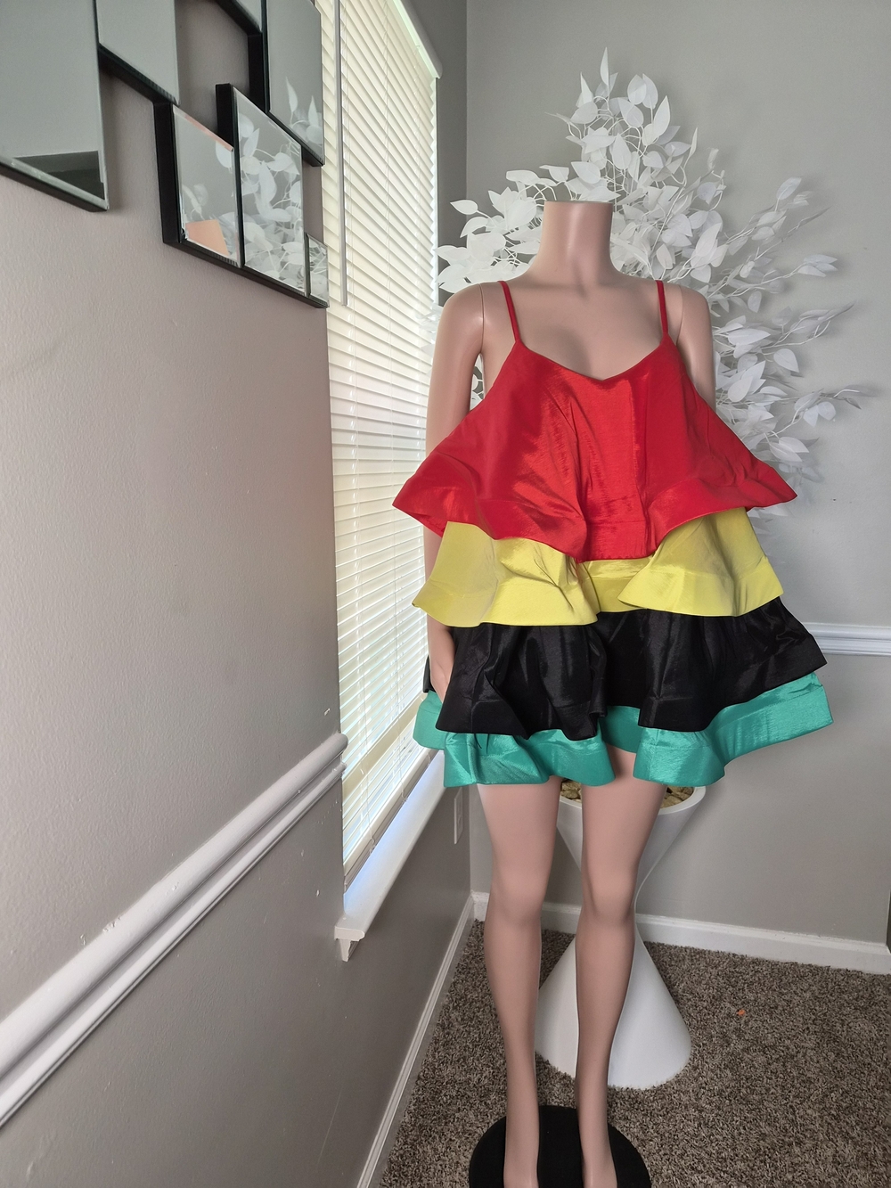 Multi Colored Tiered Ruffle Mini Dress - Red, Yellow, Black, Green